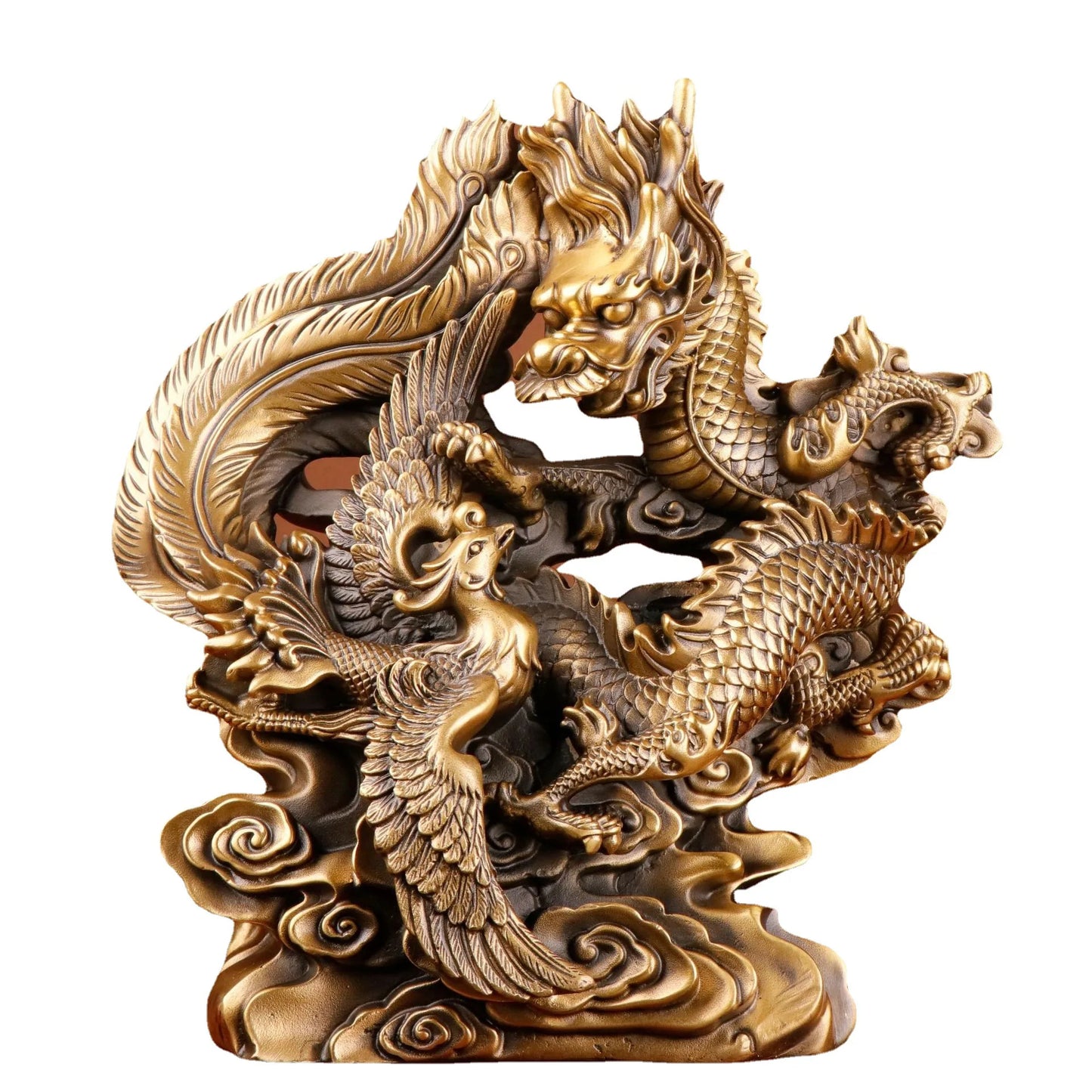 Auspicious Cloud Dragon and Phoenix Copper Sculpture