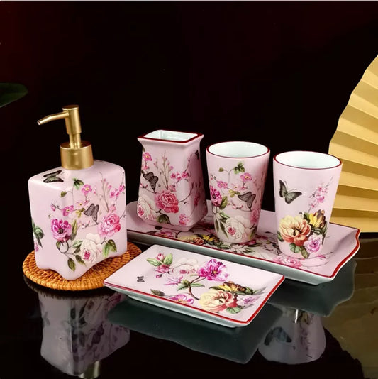 Pink Rose Pattern Ceramic Toothbrush Holder Set