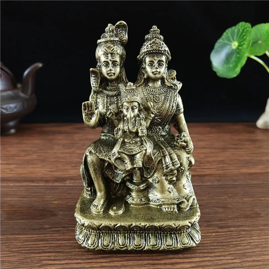 Bronze Color Shiva Parvati and Ganesha Statue
