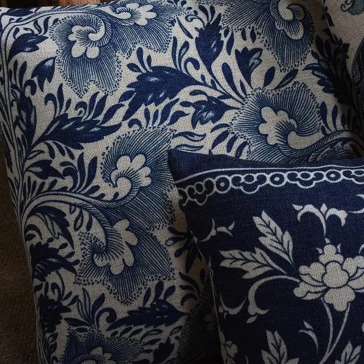 Vintage Blue White Porcelain Pillow Cover: Floral Style