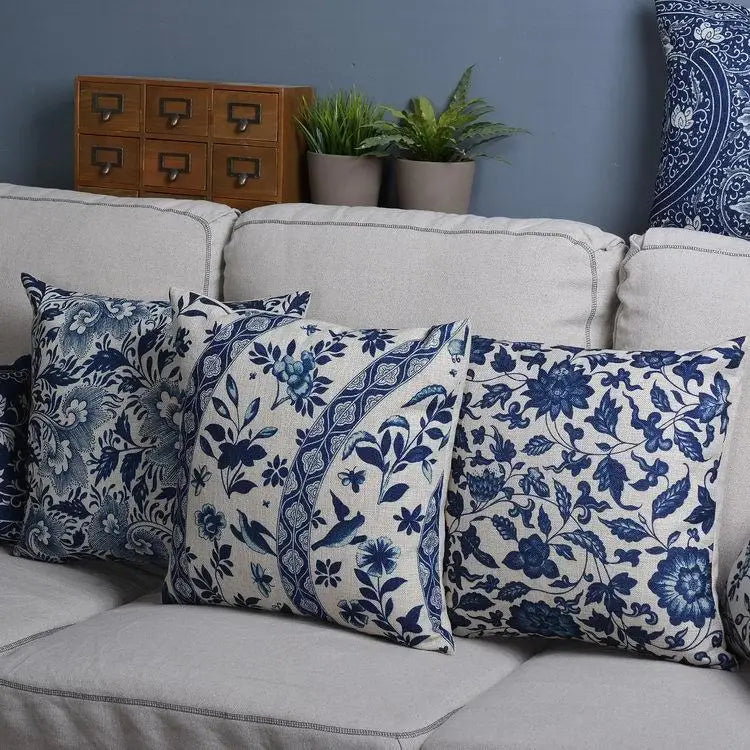 Vintage Blue White Porcelain Pillow Cover: Floral Style