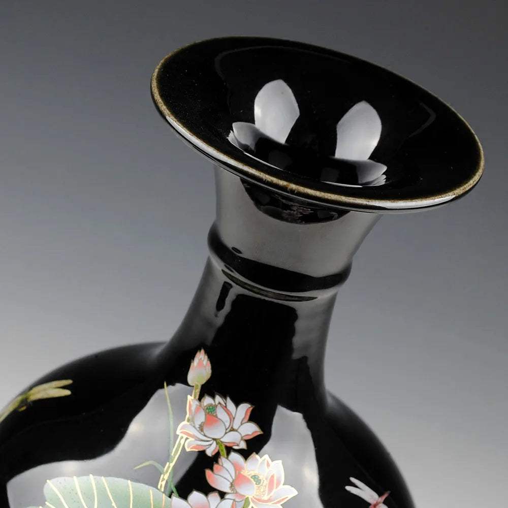 Black Ceramic Vase  in Lotus Pattern