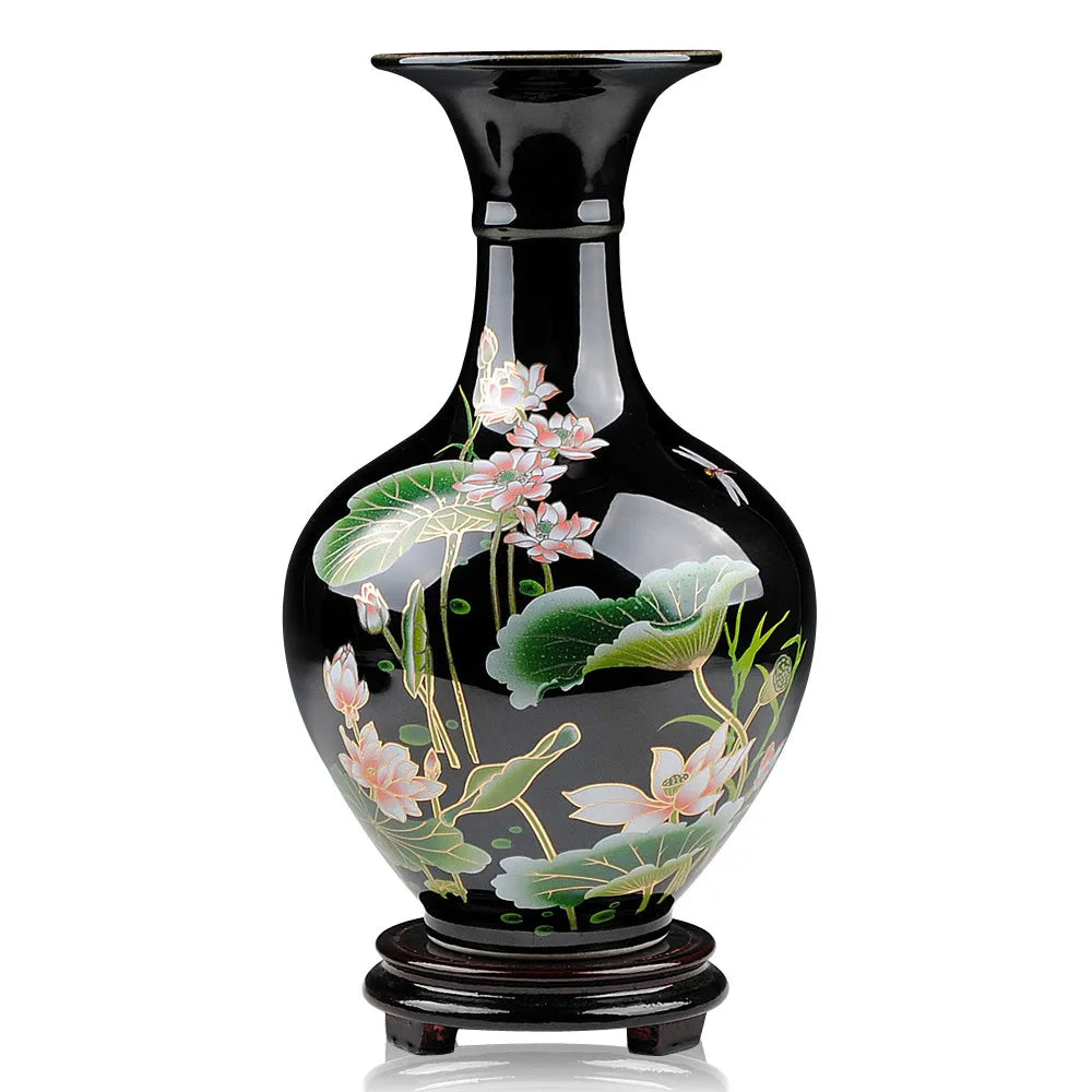 Black Ceramic Vase  in Lotus Pattern