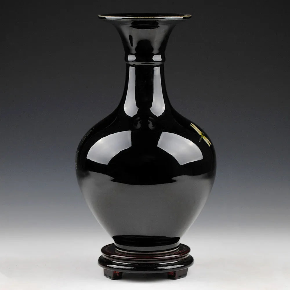 Black Ceramic Vase  in Lotus Pattern