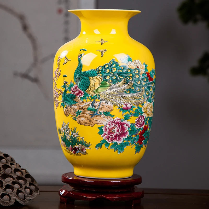 Yellow Peacock Ceramic Flower Vase