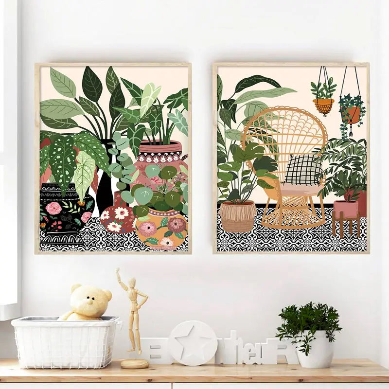 Nordic Greek Tile Botanical House Plants Art Poster Boho Green Leaves Decor Picture Modern Wall Art Canvas Painting Home Decor