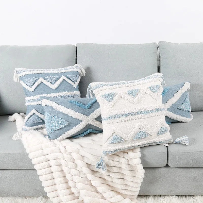 Long Tufted Bohemian Blue Style Pillow Covers With Geometry Embroidery