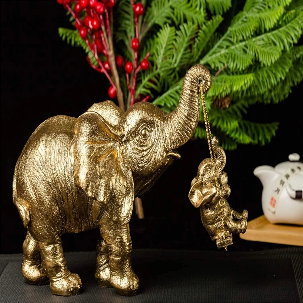 Golden / Silver Elephant Mother and Child Figurine