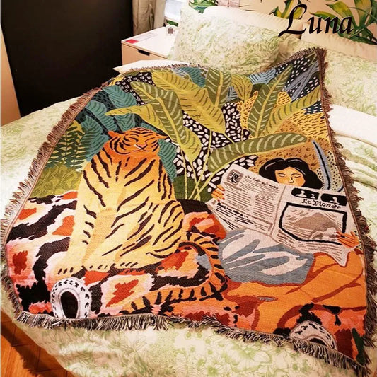 Imperial Tiger & Girl Tassel Blankets for Bed and Sofa