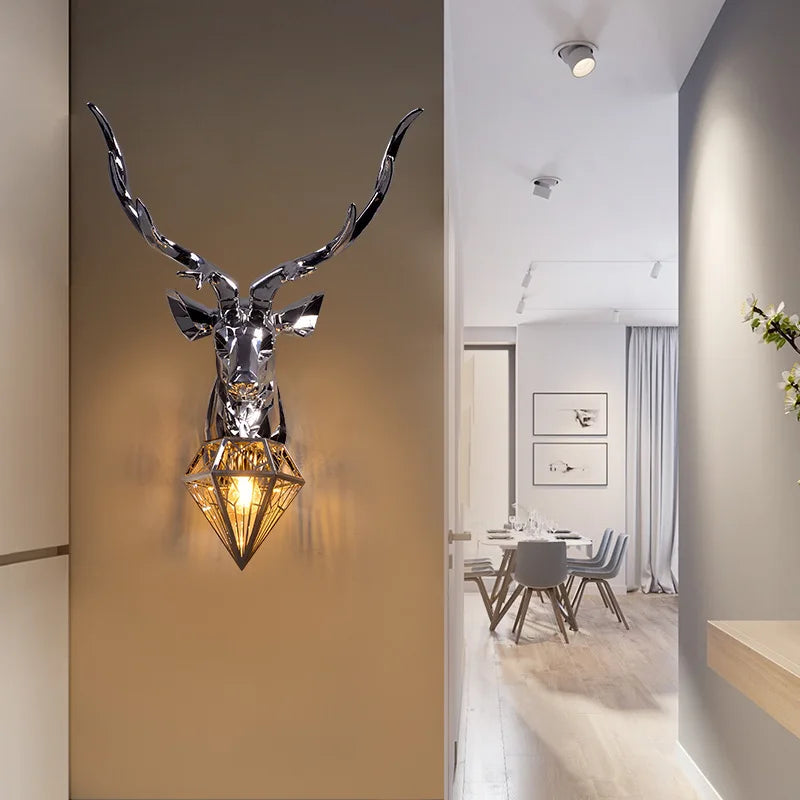 Modern Nordic-Style Antler Wall Lamp with Deer Head