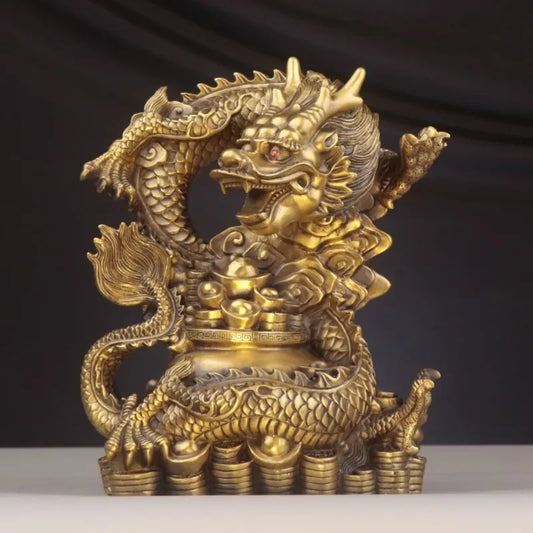 Pure Copper Chinese Dragon guarding Treasure Bowl