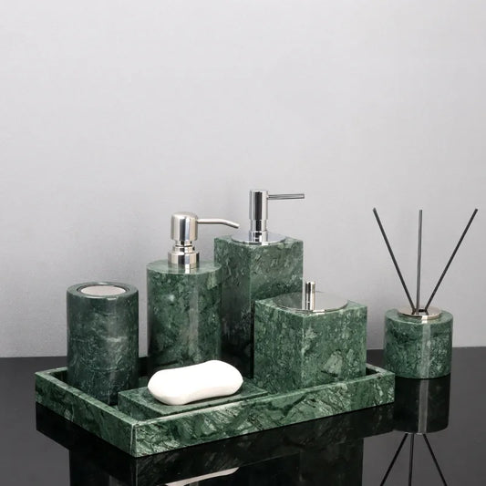 Green Marble Soap Dispenser and Toothbrush Holder Set
