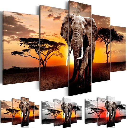 5 Piece Walking Elephant Sunset Africa Grassland Scenery Posters