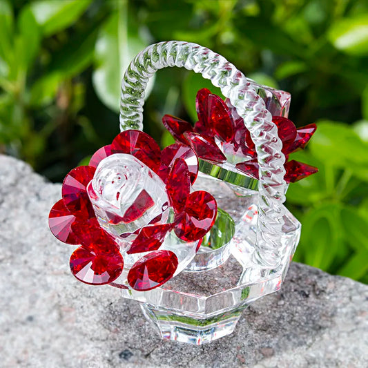 Crystal Red Rose Flower Basket Figurine