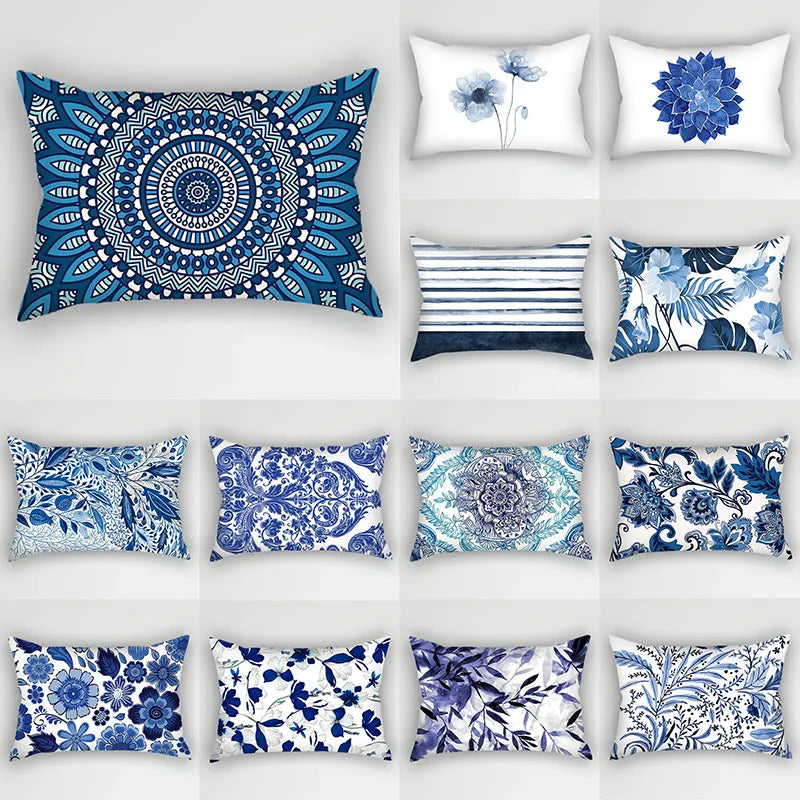 Blue Polyester Pillow Cover with Floral Leaves