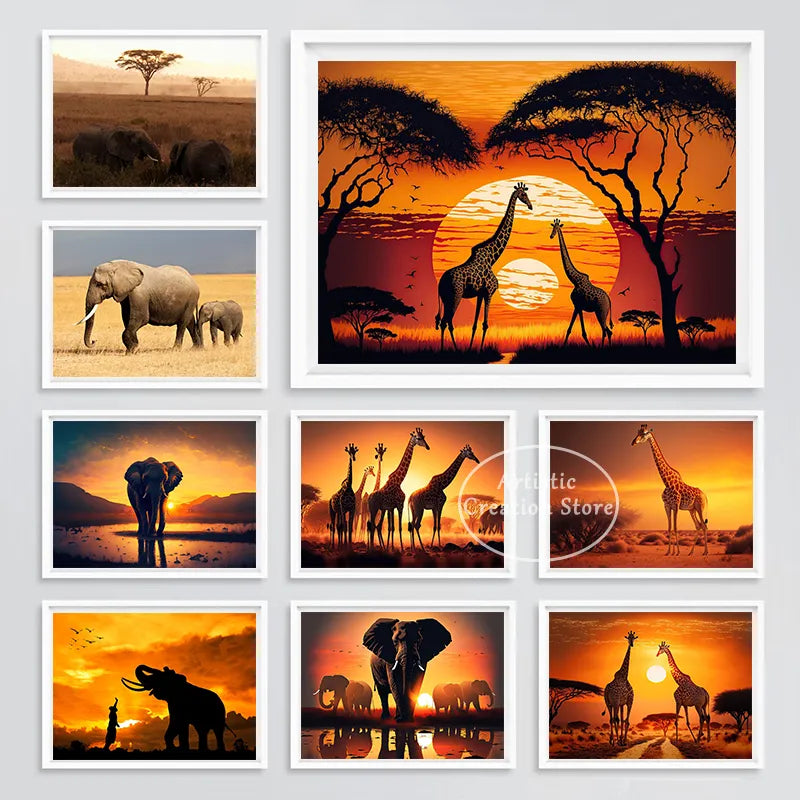 African Savannah Scenery and Sunset Posters