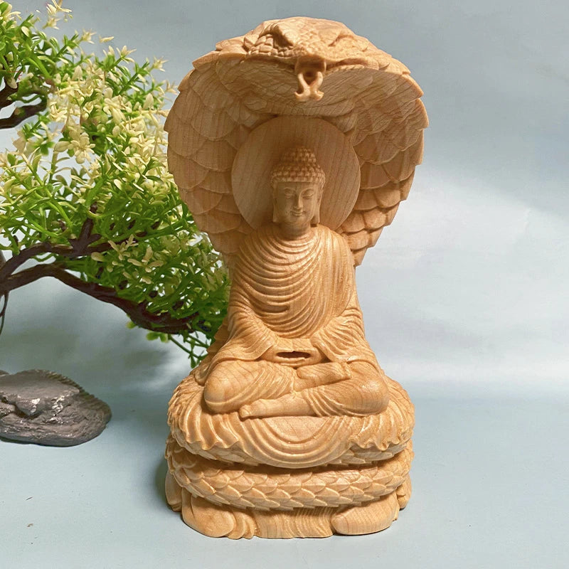 Solid Wood Shakyamuni Buddha with Cobra - Tathagata Statue