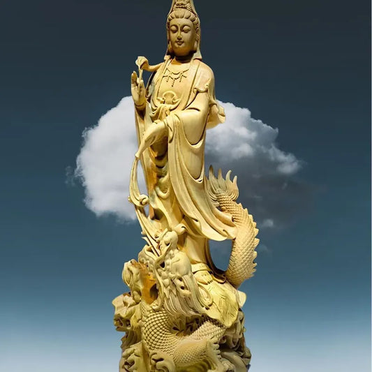 Traditional Hand-carved Dragon and Guanyin Buddha Statue