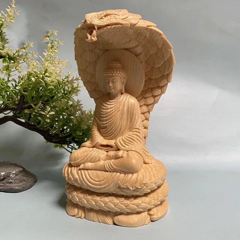 Solid Wood Shakyamuni Buddha with Cobra - Tathagata Statue