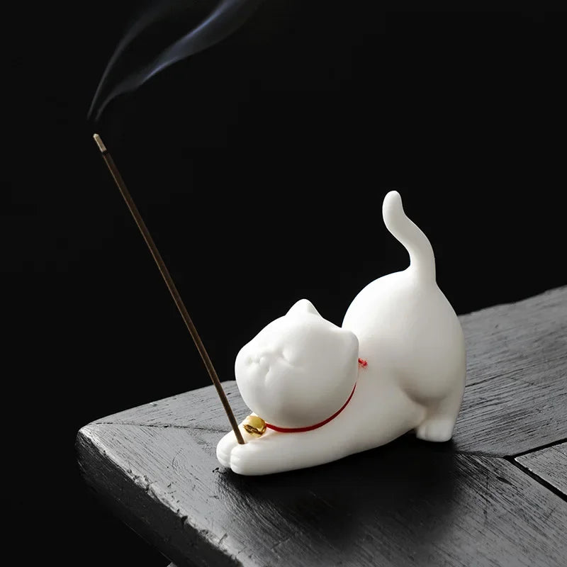 Cute Cat Incense Burner – Ceramic Stick Holder for Yoga Studios