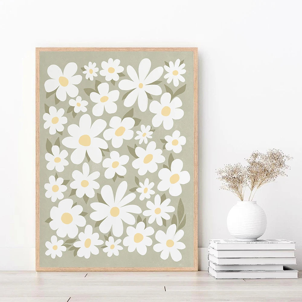 Sage Green Daisies Floral Boho Wall Art