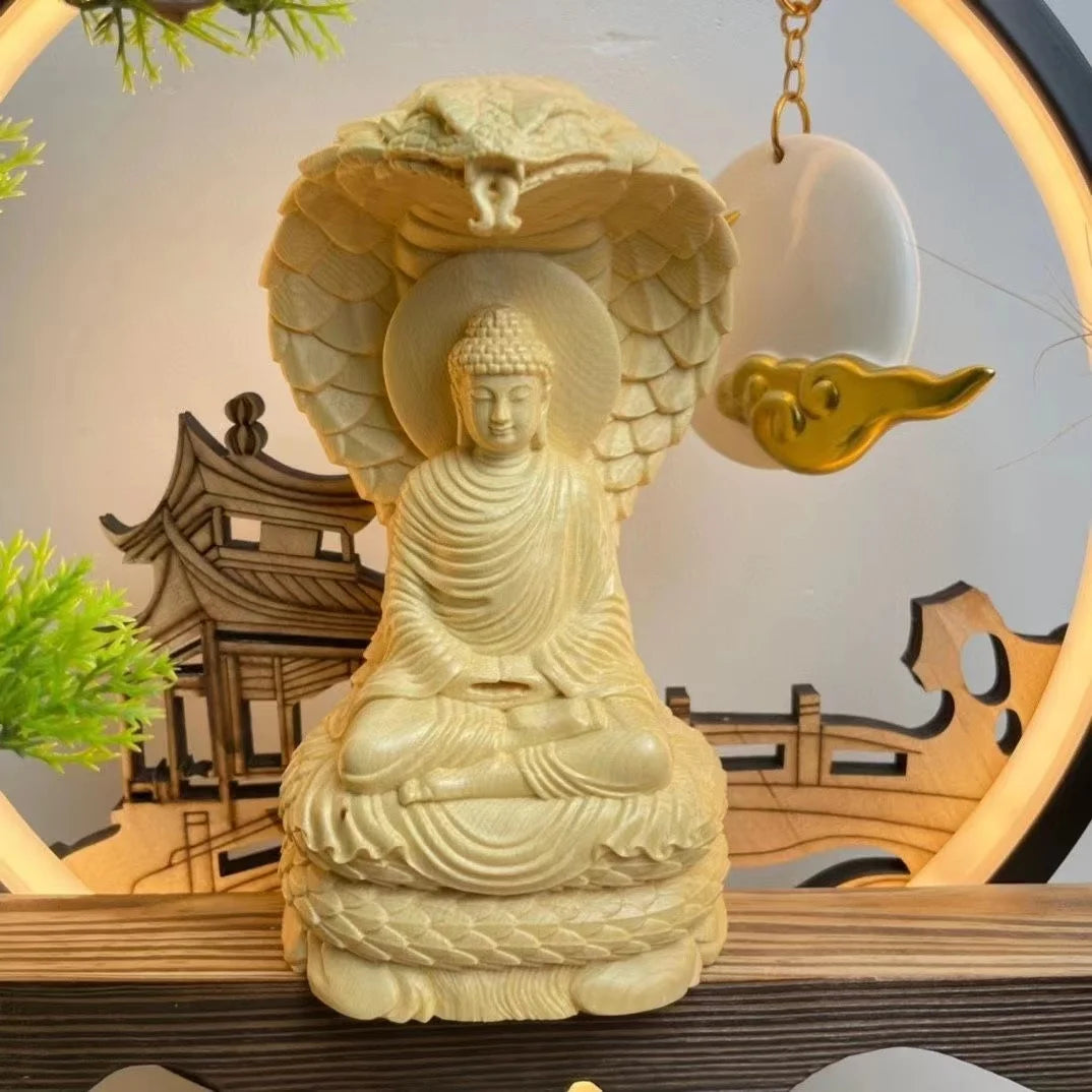 Solid Wood Shakyamuni Buddha with Cobra - Tathagata Statue