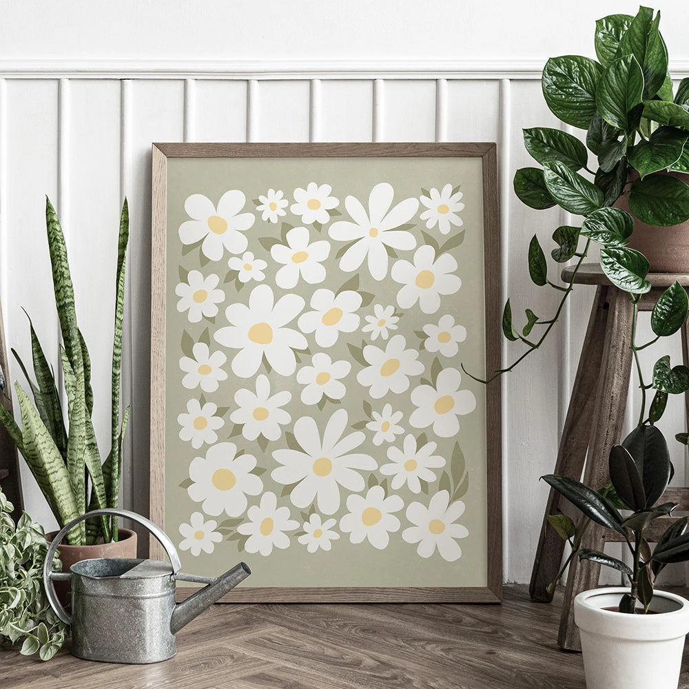 Sage Green Daisies Floral Boho Wall Art