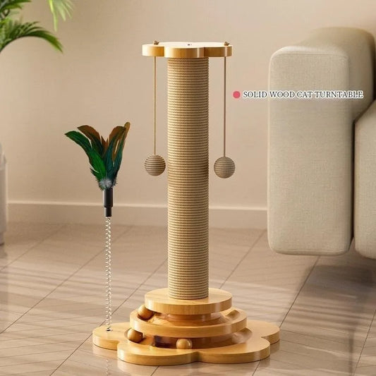 Solid Wood Cat Turntable Toy with Durable Sisal Scratching Board