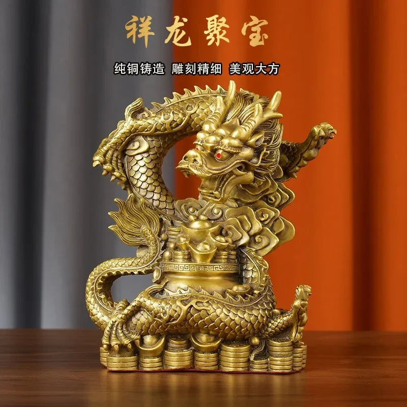 Pure Copper Chinese Dragon guarding Treasure Bowl