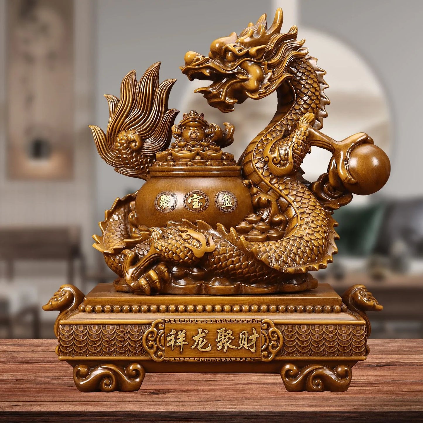 Dragon Guarding a Pot of Gold Sculpture