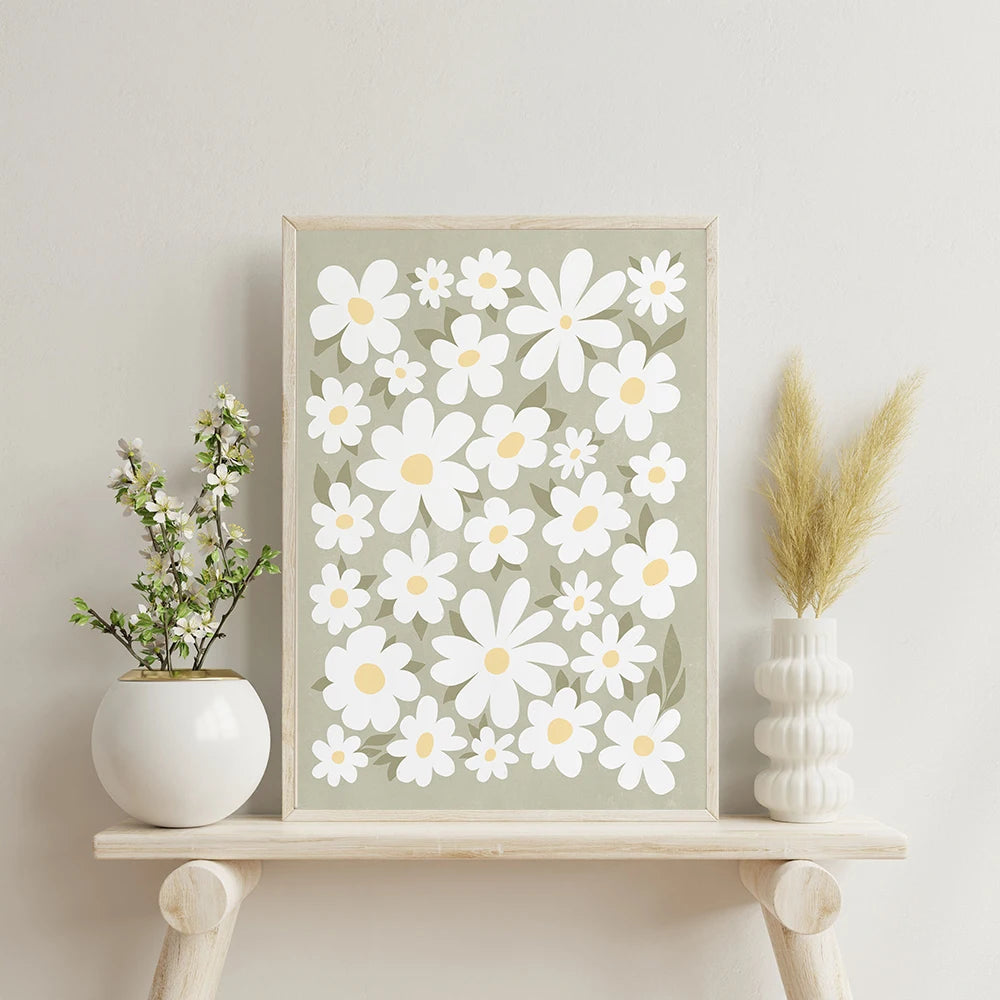 Sage Green Daisies Floral Boho Wall Art