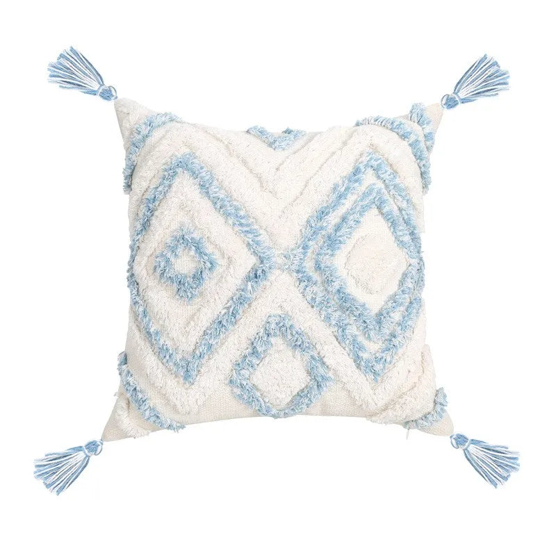 Long Tufted Bohemian Blue Style Pillow Covers With Geometry Embroidery