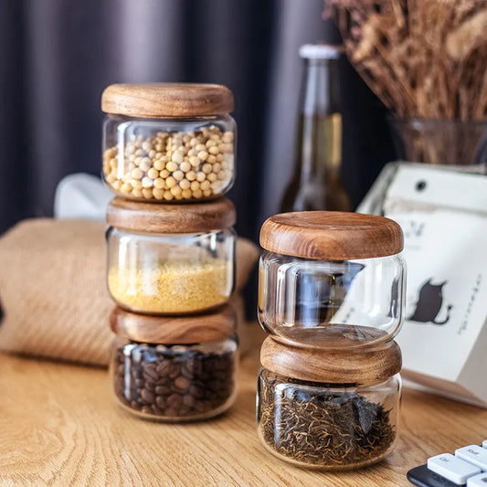 Airtight Spices and Seasoning Storage in Acacia Wood and Glass