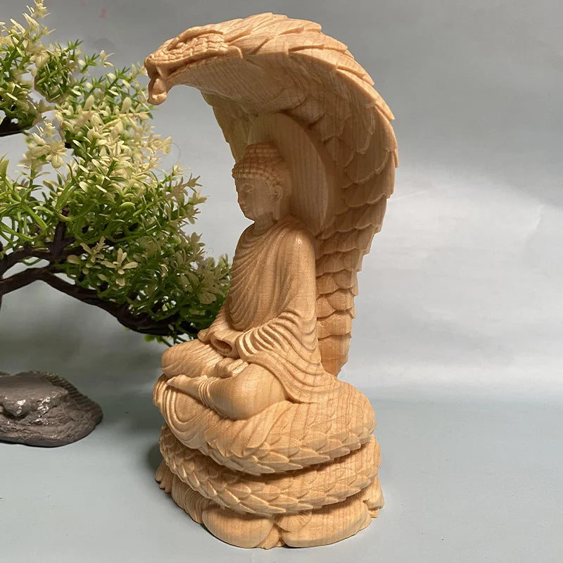 Solid Wood Shakyamuni Buddha with Cobra - Tathagata Statue