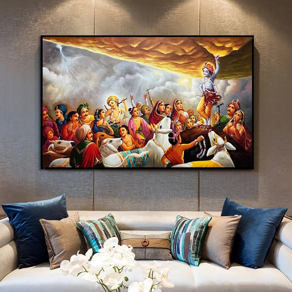 Shri Krishna Lifting Mount Govardhan Canvas Print – HighEmporium.com