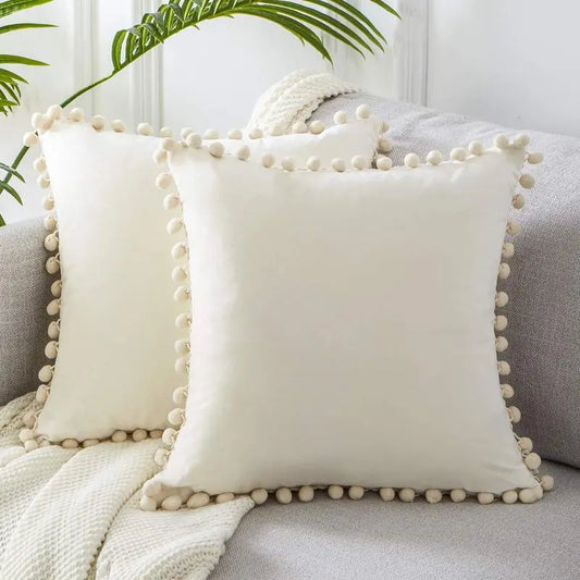 Soft Velvet Cushion Cover with Pompom Ball