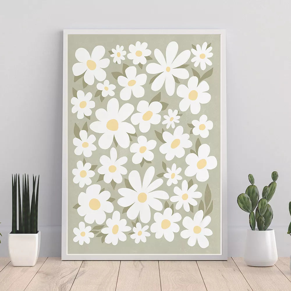 Sage Green Daisies Floral Boho Wall Art