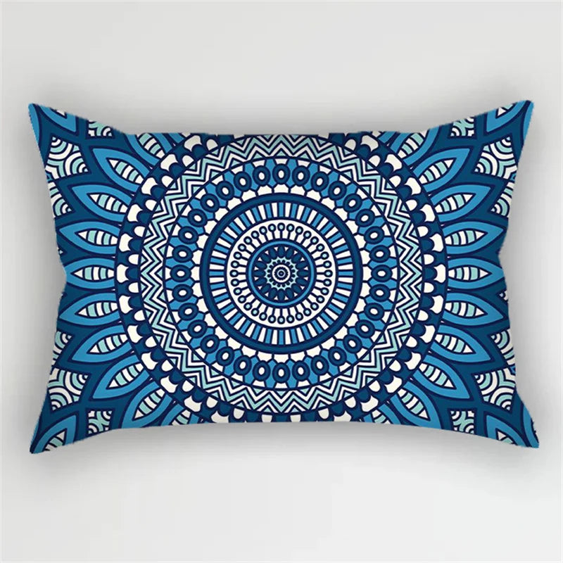 Blue Polyester Pillow Cover with Floral Leaves