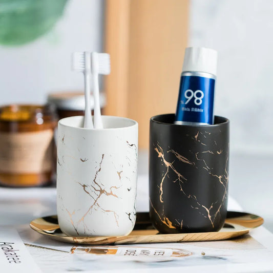 Ceramic Marble Style Gold-Plated Toothbrush Holder