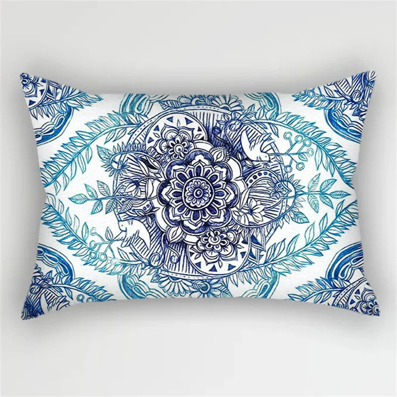 Blue Polyester Pillow Cover with Floral Leaves