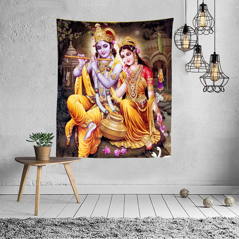 Lord Krishna With Radha and Cow Tapestry