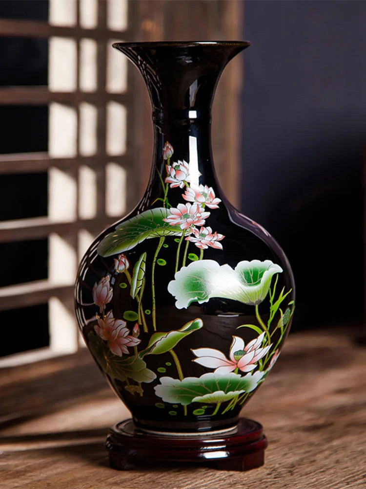 Black Ceramic Vase  in Lotus Pattern