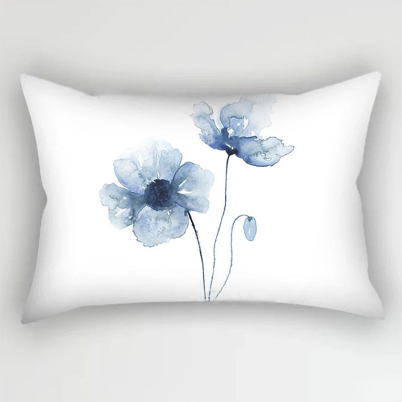 Blue Polyester Pillow Cover with Floral Leaves