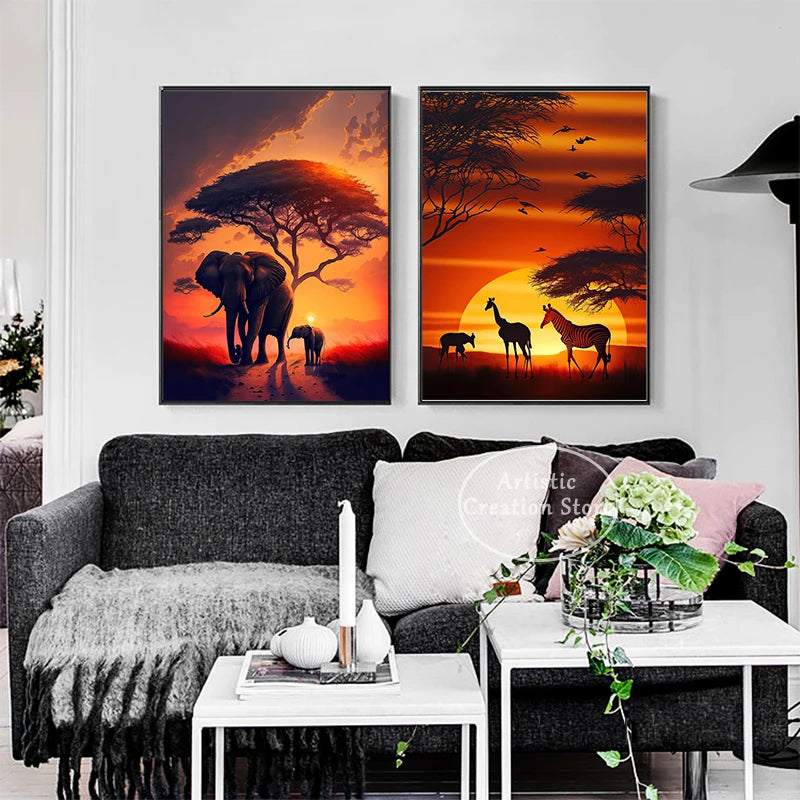 African Savannah Scenery and Sunset Posters