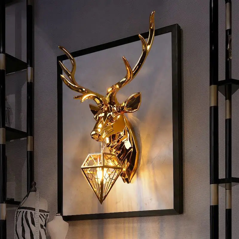 Modern Nordic-Style Antler Wall Lamp with Deer Head